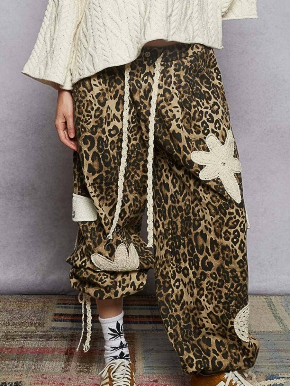 POL NWT Pleat Detail Crochet Star Appliquéd Pants Sand Leopard Cinch Cuff Hem